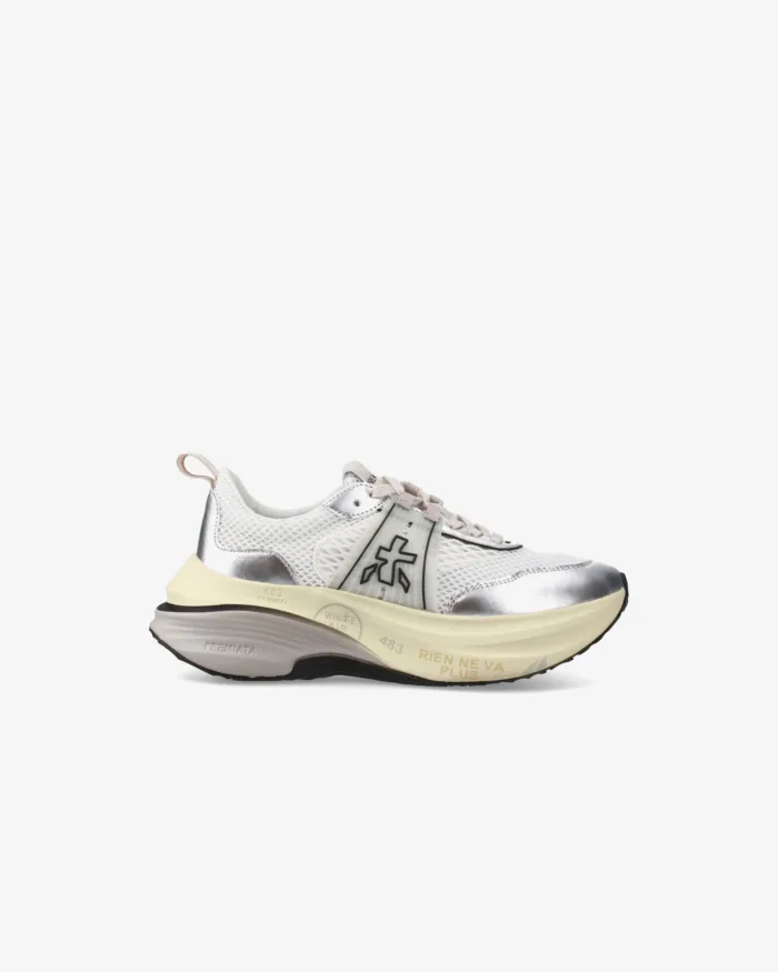 Sneakers Premiata Donna in Pelle Argento e Rete Bianca art. Hill 7511, foto 1 di 4