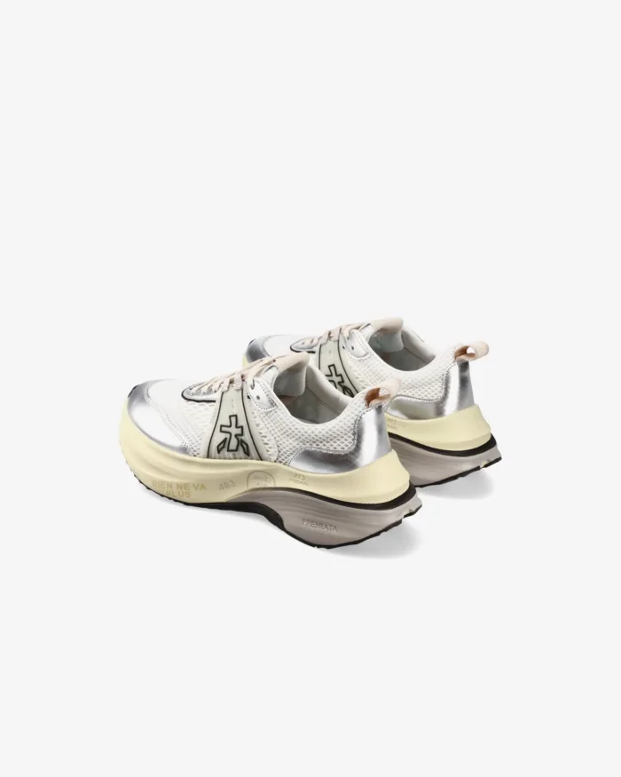Sneakers Premiata Donna in Pelle Argento e Rete Bianca art. Hill 7511, foto 3 di 4