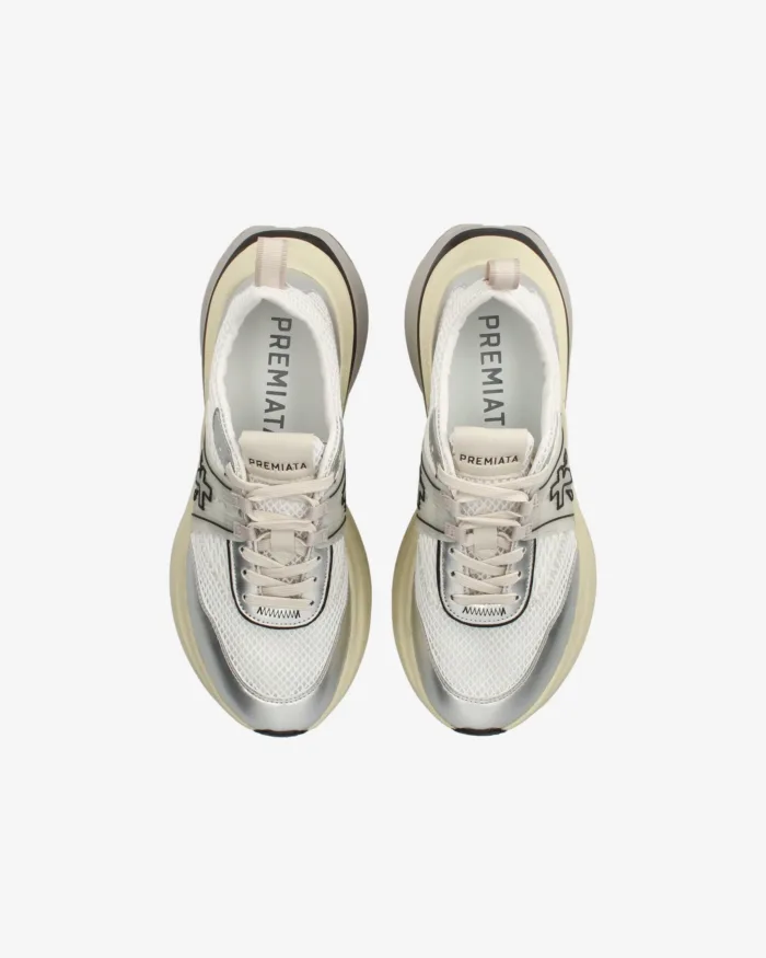 Sneakers Premiata Donna in Pelle Argento e Rete Bianca art. Hill 7511, foto 4 di 4