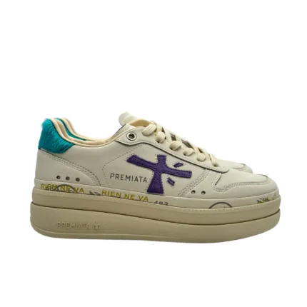 Sneakers Premiata Donna in Pelle Avorio e Back Cavallino Azzurro art. Micol 7443