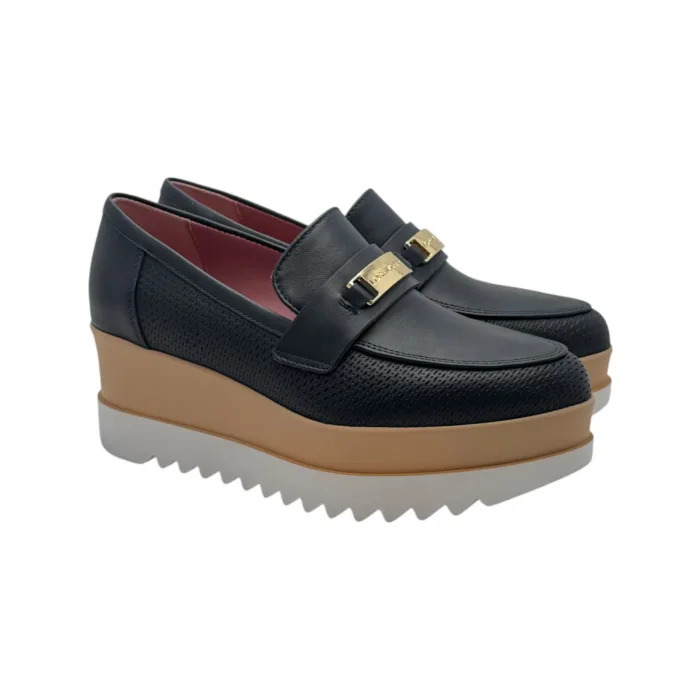 Mocassino con zeppa Lorenzo Mari In Rafia Blu accessorio Fibbia Oro e zeppa 6cm art. PATTY 04, foto 2 di 5