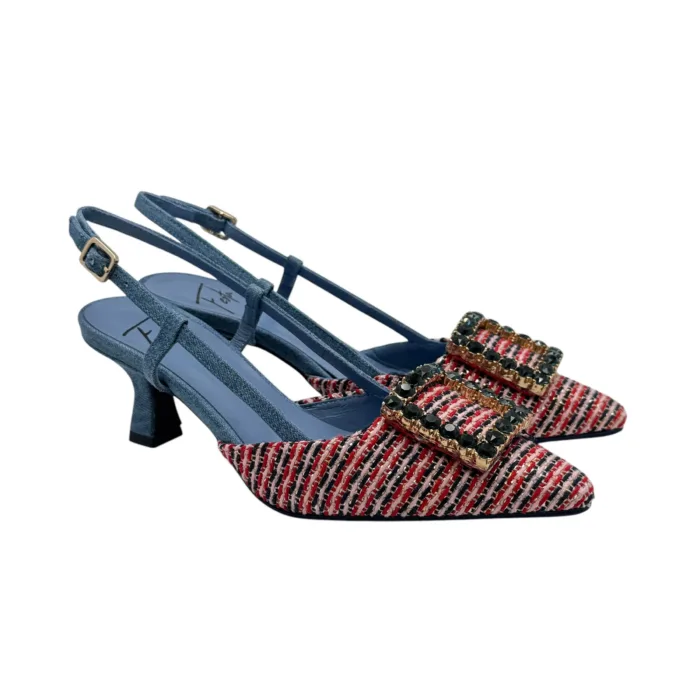 Slingback Roberto Festa in Tessuto Tweed Rosso Con Accessorio Gioiello , Tacco 7 cm art. STEFI, foto 1 di 5
