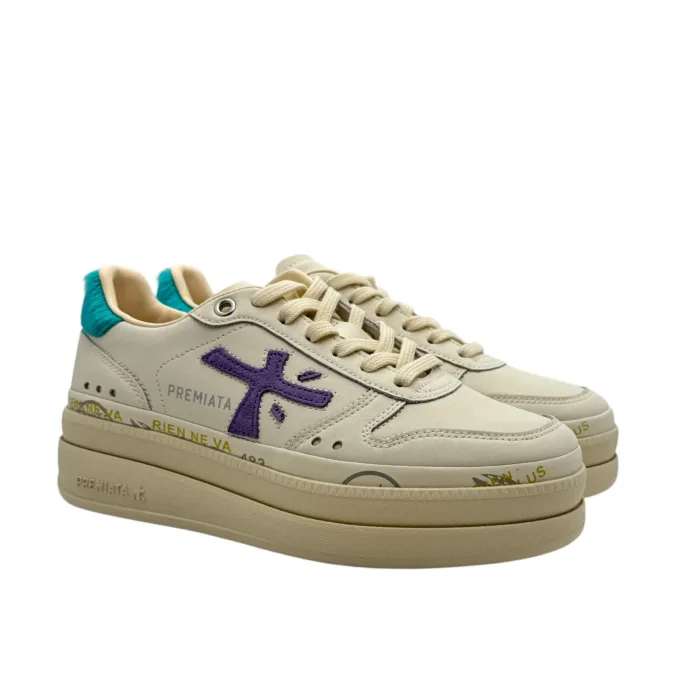 Sneakers Premiata Donna in Pelle Avorio e Back Cavallino Azzurro art. Micol 7443, foto 2 di 6