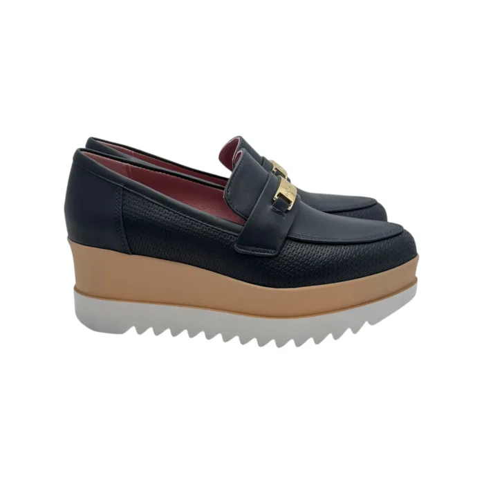 Mocassino con zeppa Lorenzo Mari In Rafia Blu accessorio Fibbia Oro e zeppa 6cm art. PATTY 04, foto 1 di 5
