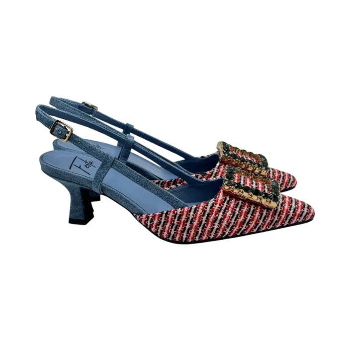 Slingback Roberto Festa in Tessuto Tweed Rosso Con Accessorio Gioiello , Tacco 7 cm art. STEFI, foto 2 di 5