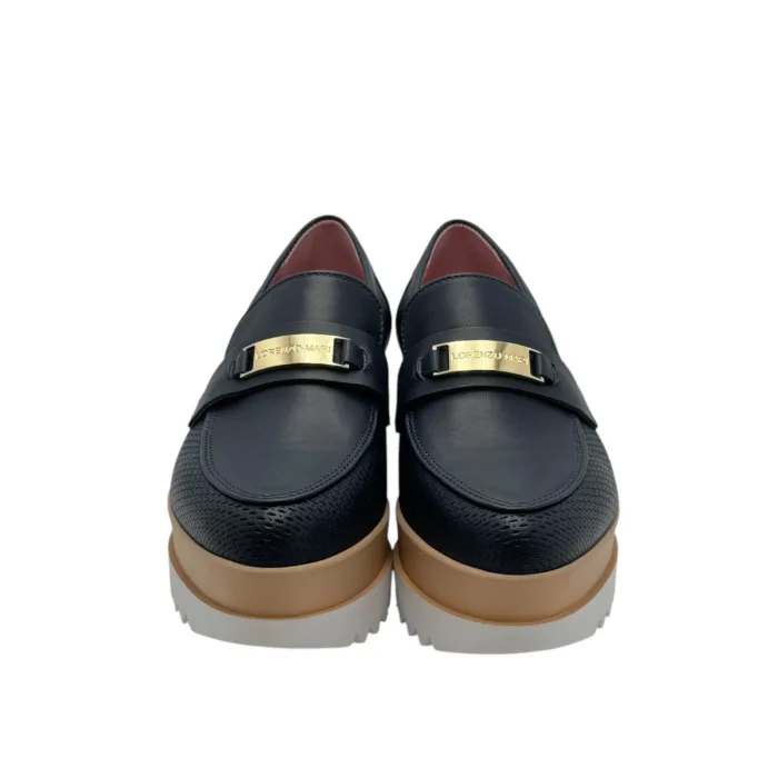 Mocassino con zeppa Lorenzo Mari In Rafia Blu accessorio Fibbia Oro e zeppa 6cm art. PATTY 04, foto 3 di 5