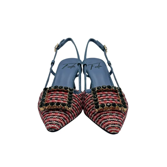 Slingback Roberto Festa in Tessuto Tweed Rosso Con Accessorio Gioiello , Tacco 7 cm art. STEFI, foto 5 di 5
