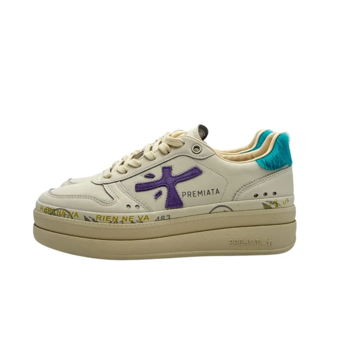 Sneakers Premiata Donna in Pelle Avorio e Back Cavallino Azzurro art. Micol 7443, foto 5 di 6