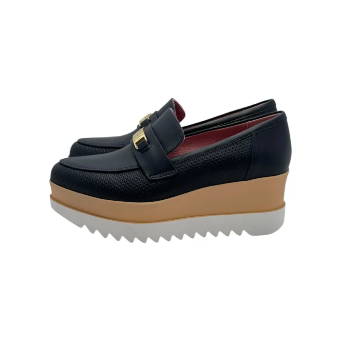 Mocassino con zeppa Lorenzo Mari In Rafia Blu accessorio Fibbia Oro e zeppa 6cm art. PATTY 04, foto 4 di 5