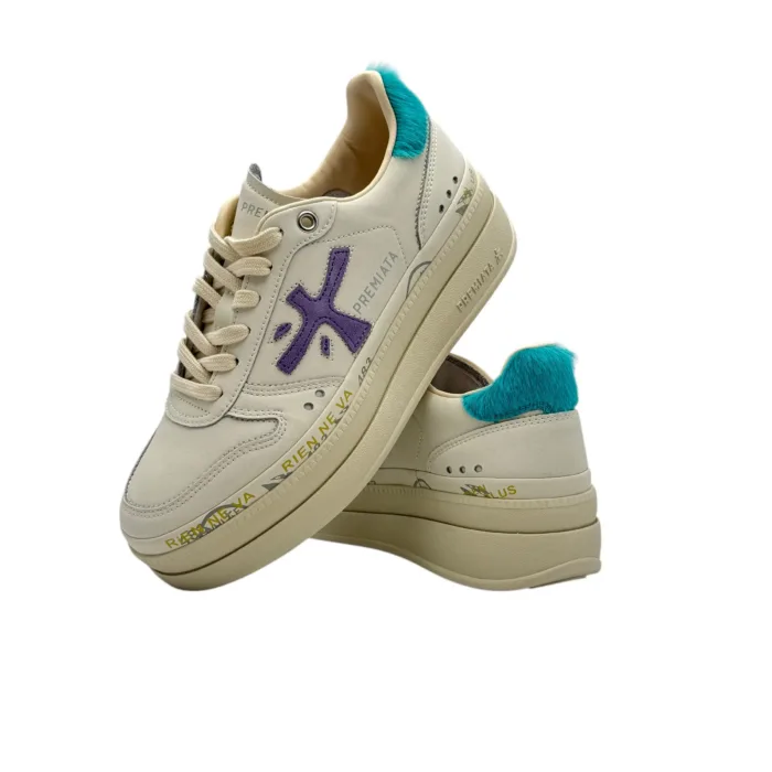 Sneakers Premiata Donna in Pelle Avorio e Back Cavallino Azzurro art. Micol 7443, foto 6 di 6
