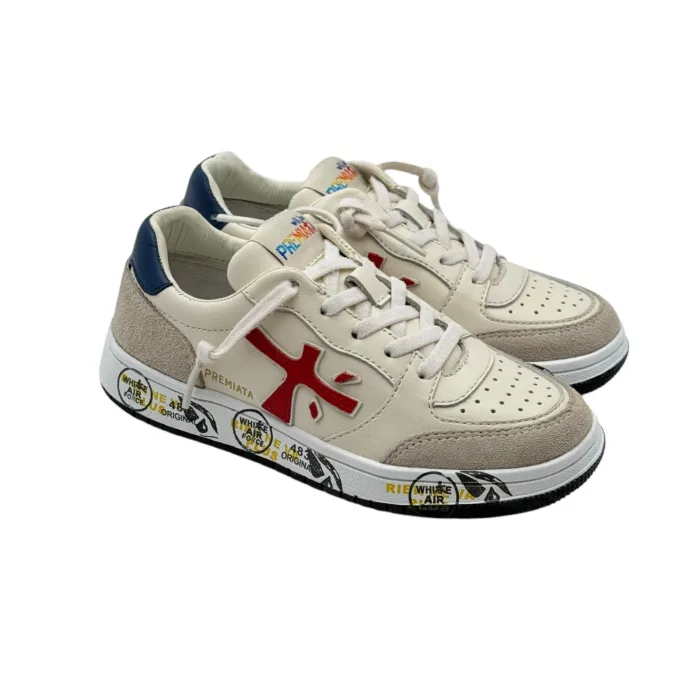 Sneakers Premiata Kids In  Pelle Bianca e Camoscio Beige art. Marc, foto 1 di 5