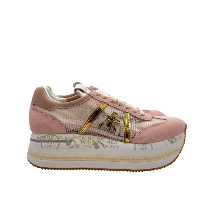 Sneakers Premiata Donna in Camoscio Rosa e Dettagli Rete art. Beth 7372, foto 1 di 6