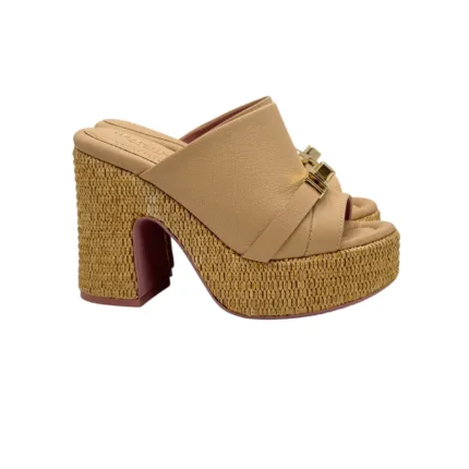 Sandalo Sabot Lorenzo Mari in Pelle Nude Tacco in Rafia 11 cm Plateau  4 cm art. Peonia 05