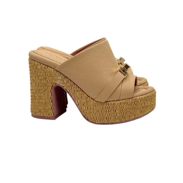 Sandalo Sabot Lorenzo Mari in Pelle Nude Tacco in Rafia 11 cm Plateau  4 cm art. Peonia 05, foto 1 di 6