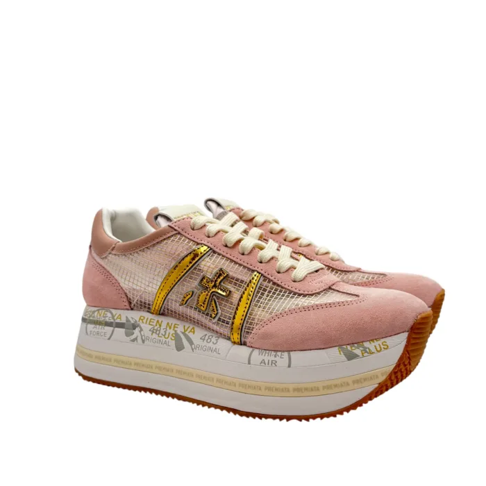Sneakers Premiata Donna in Camoscio Rosa e Dettagli Rete art. Beth 7372, foto 2 di 6