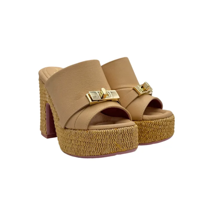 Sandalo Sabot Lorenzo Mari in Pelle Nude Tacco in Rafia 11 cm Plateau  4 cm art. Peonia 05, foto 2 di 6