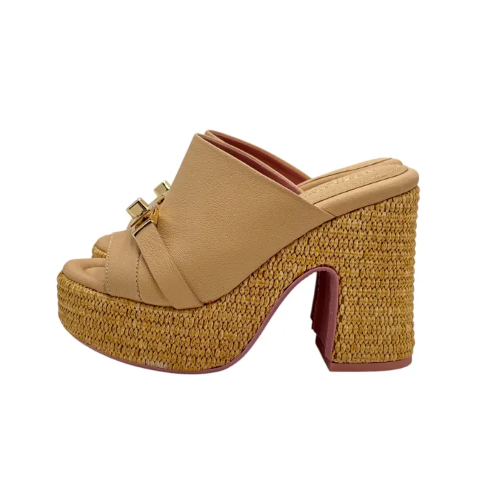 Sandalo Sabot Lorenzo Mari in Pelle Nude Tacco in Rafia 11 cm Plateau  4 cm art. Peonia 05, foto 4 di 6