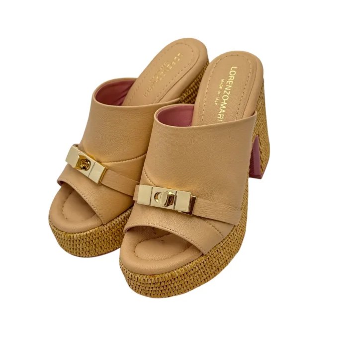 Sandalo Sabot Lorenzo Mari in Pelle Nude Tacco in Rafia 11 cm Plateau  4 cm art. Peonia 05, foto 6 di 6
