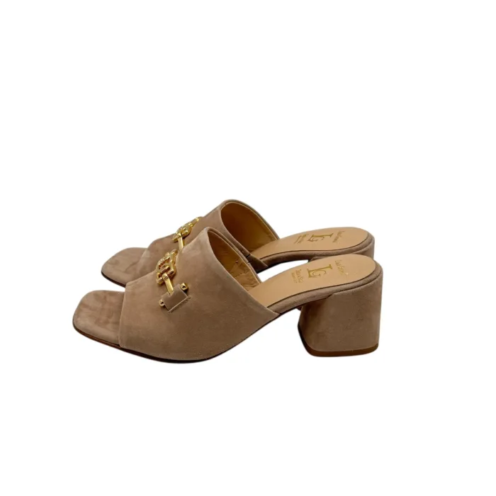 Sandalo Sabot Mules Luca Grossi in Camoscio Beige Con Morsetto Dorato E Tacco H 5,5 cm art. L286S, foto 4 di 5