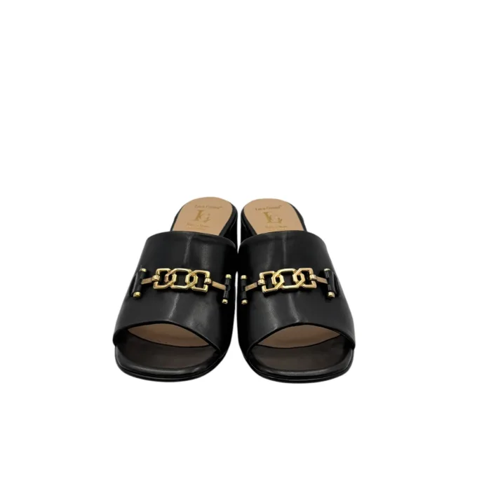Sandalo Sabot Mules Luca Grossi in Pelle Nera Con Morsetto Dorato E Tacco H 5,5 cm art. L286S, foto 5 di 5