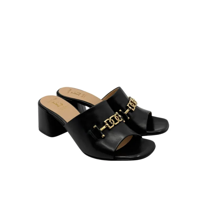Sandalo Sabot Mules Luca Grossi in Pelle Nera Con Morsetto Dorato E Tacco H 5,5 cm art. L286S, foto 1 di 5