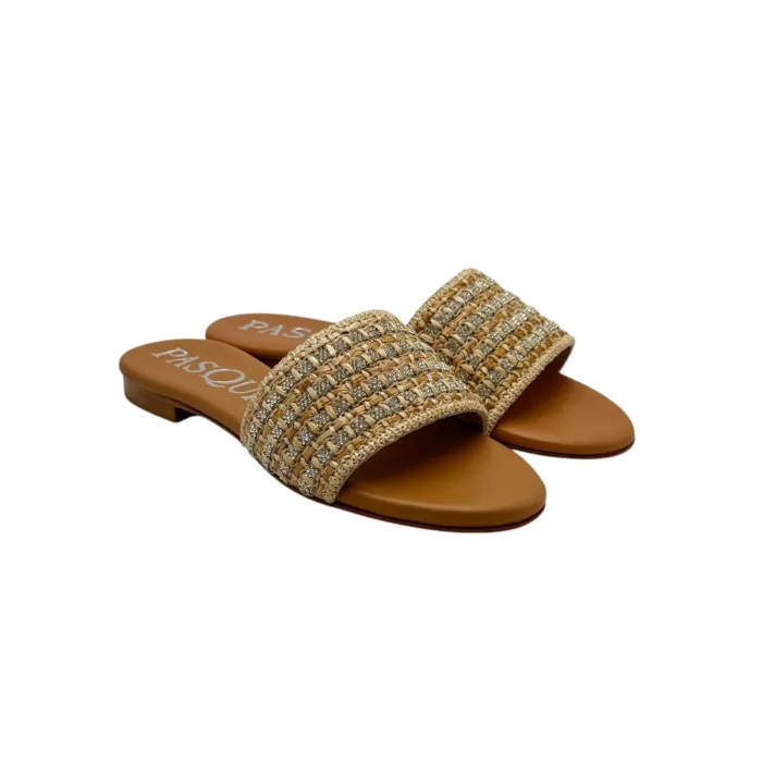 Ciabattina Mules Pasquini In Rafia Beige e Dettagli Cuoio e Strass , Tacco 2cm art. 2880 T1591B, foto 1 di 6
