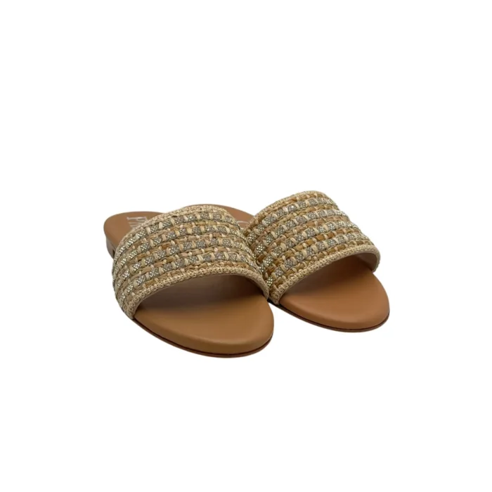 Ciabattina Mules Pasquini In Rafia Beige e Dettagli Cuoio e Strass , Tacco 2cm art. 2880 T1591B, foto 2 di 6