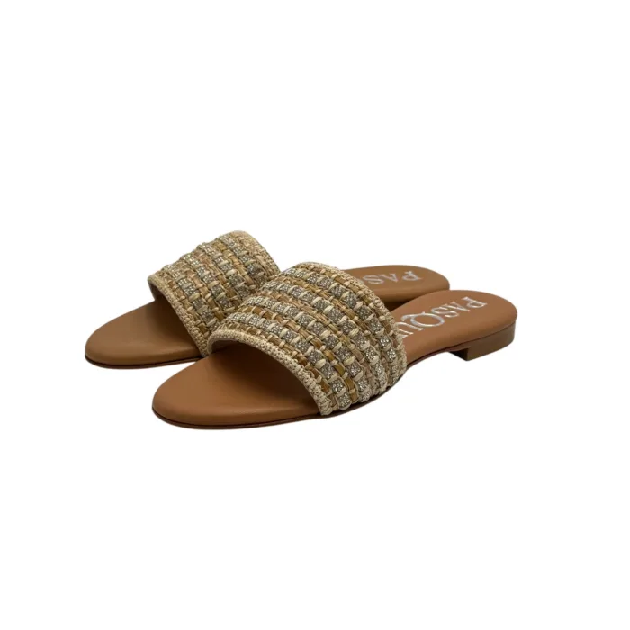 Ciabattina Mules Pasquini In Rafia Beige e Dettagli Cuoio e Strass , Tacco 2cm art. 2880 T1591B, foto 4 di 6
