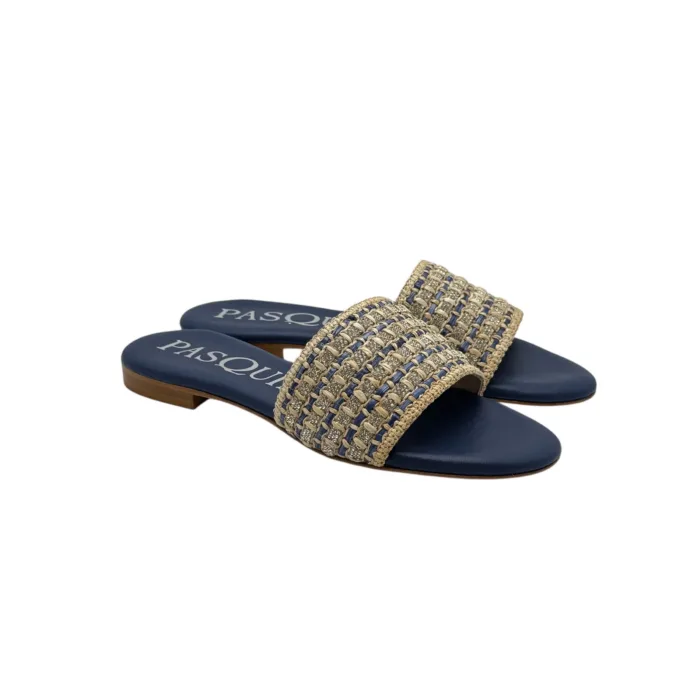 Ciabattina Mules Pasquini In Rafia Beige e Dettagli Blu e Strass , Tacco 2cm art. 2880 T1591B, foto 1 di 6