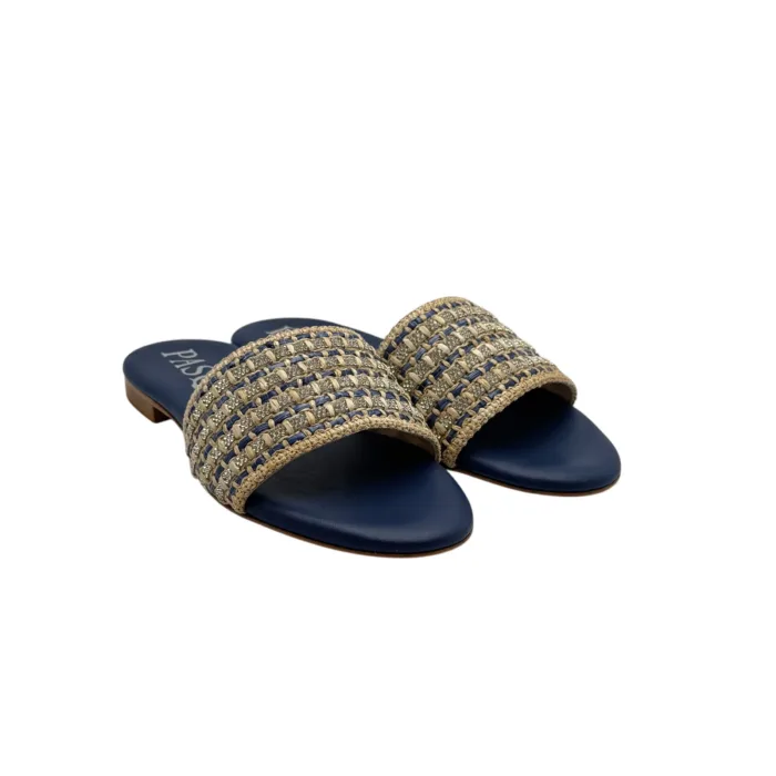 Ciabattina Mules Pasquini In Rafia Beige e Dettagli Blu e Strass , Tacco 2cm art. 2880 T1591B, foto 5 di 6