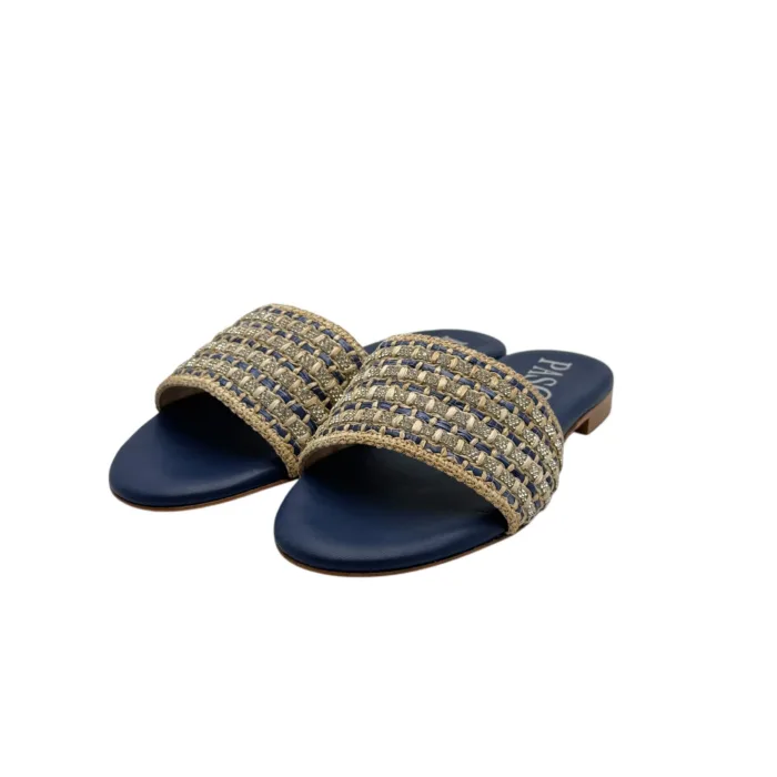 Ciabattina Mules Pasquini In Rafia Beige e Dettagli Blu e Strass , Tacco 2cm art. 2880 T1591B, foto 3 di 6