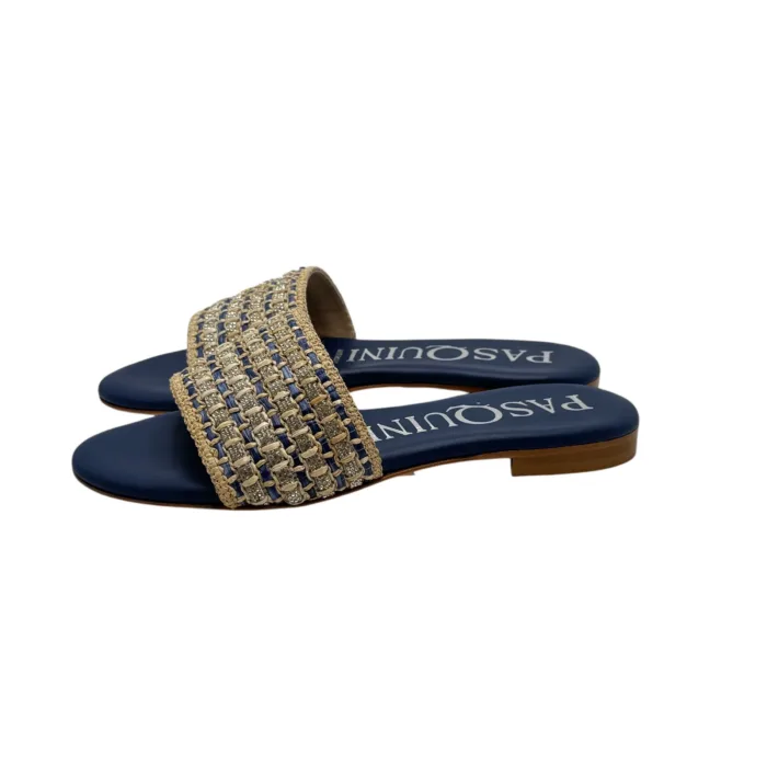 Ciabattina Mules Pasquini In Rafia Beige e Dettagli Blu e Strass , Tacco 2cm art. 2880 T1591B, foto 2 di 6
