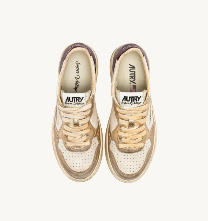 Sneakers Autry Medalist Donna Super Vintage in Pelle Bianca, Laminato Oro, Tallone Vinaccia art. AVLW MT04, foto 4 di 5