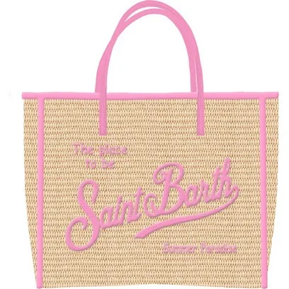 Borsa Media con Tracolla Mc2 Saint Barth Beige con Dettagli Rosa art. Vivian Mid Straw 1121 Emb