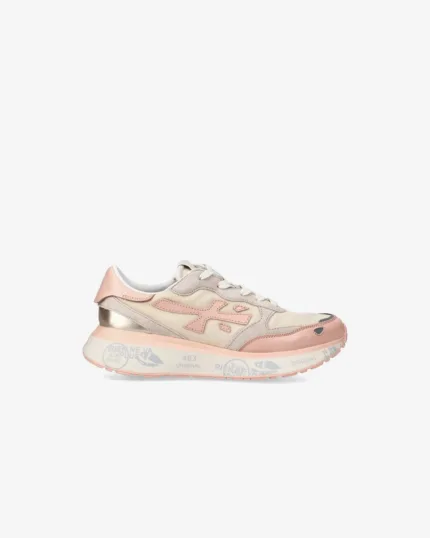 Sneakers Premiata Donna in Camoscio e Rete Beige, Dettagli Rosa art. Lauryn 7483