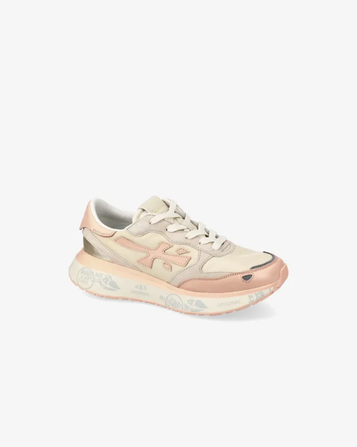 Sneakers Premiata Donna in Camoscio e Rete Beige, Dettagli Rosa art. Lauryn 7483, foto 2 di 5