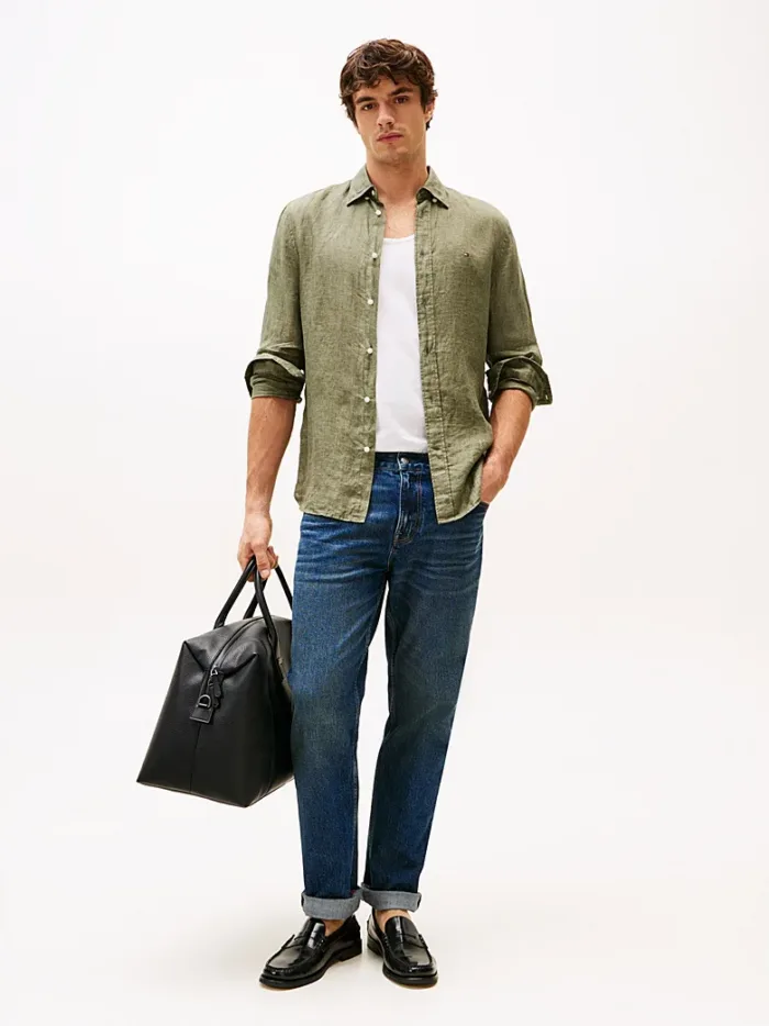 Camicia Uomo Tommy Hilfiger Verde in Lino art. MW0MW34602 PLI, foto 2 di 3