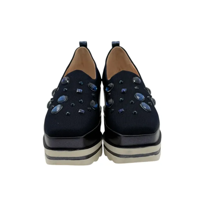 Mocassino con zeppa in tessuto elasticizzato Lorenzo Mari Blu accessorio gioiello e zeppa 6cm art. MIA 01, foto 2 di 4
