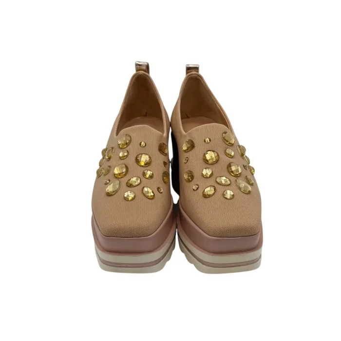 Mocassino con zeppa in tessuto elasticizzato Lorenzo Mari Nude accessorio gioiello e zeppa 6cm art. MIA 01, foto 5 di 6