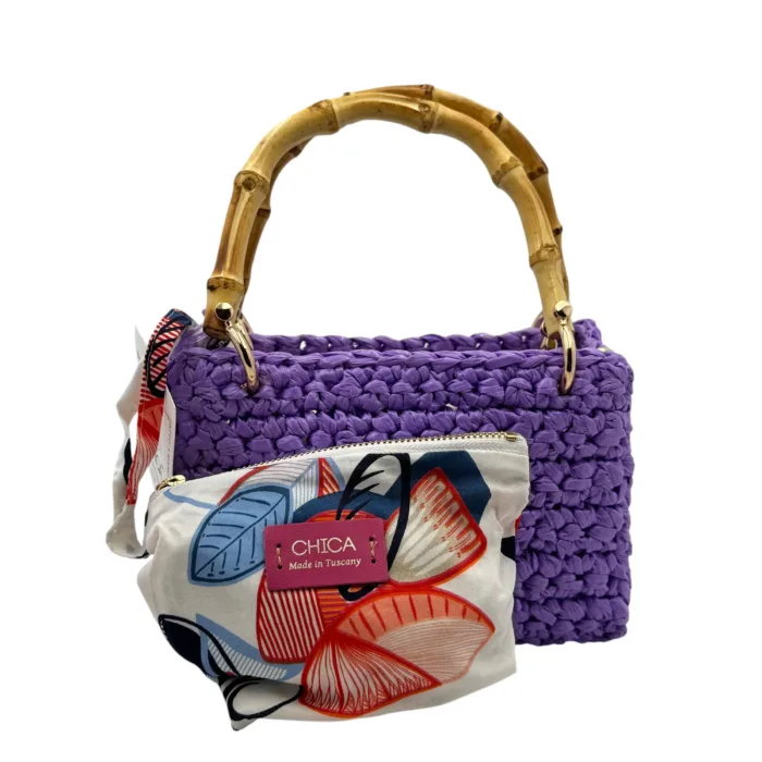 Borsa a mano Chica In Vimini Intrecciato Viola Con pochette interna  Art Meteora, foto 4 di 5