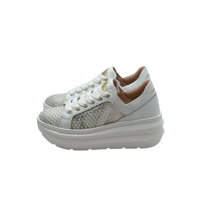 Sneakers Lorenzo Mari in Rete Strass Bianco E Zeppa 6 cm art. Ines, foto 4 di 6