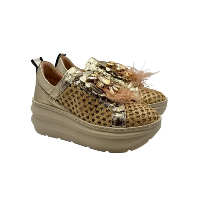 Sneakers Lorenzo Mari in Rafia Forata Platino, Accessorio Gioiello Amovibile E Zeppa 6 cm art. Veronica, foto 1 di 7