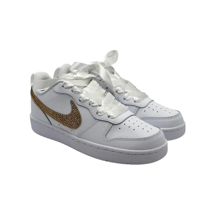Sneakers Nike Court Donna in Pelle Bianca e Strass Oro art. Nike Court Borough Crystal Gold, foto 2 di 5