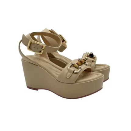 Zeppa con Morsetto Lorenzo Mari in Pelle Beige Zeppa 8 cm Plateau 5 cm art. Orchidea 01