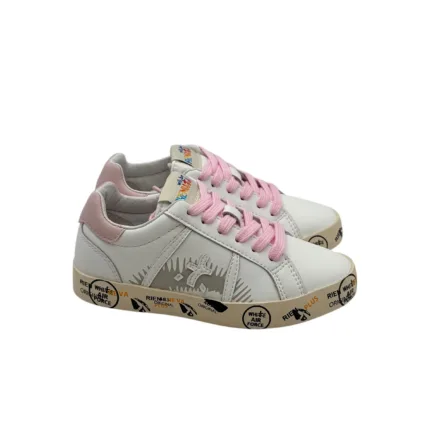 Sneakers Premiata Kids In Pelle Bianca e Lacci Rosa art. Andy