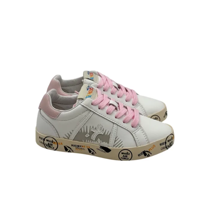 Sneakers Premiata Kids In Pelle Bianca e Lacci Rosa art. Andy, foto 1 di 5