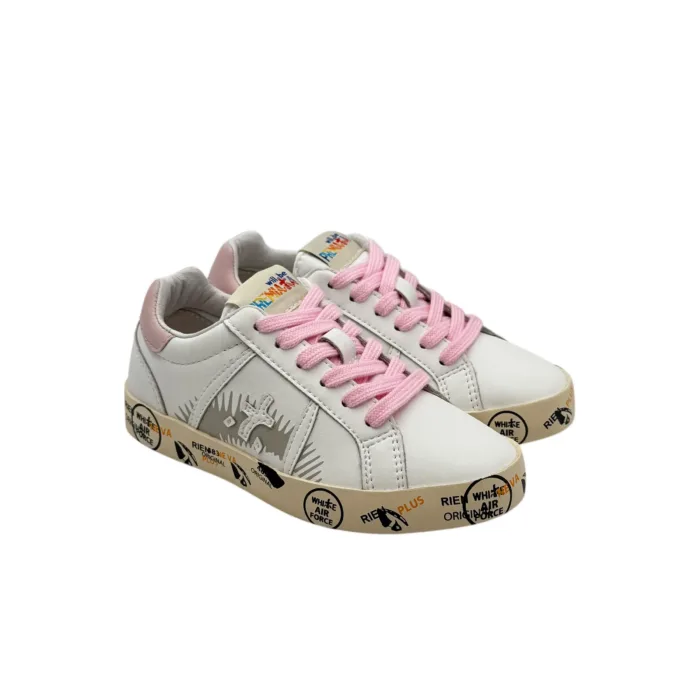 Sneakers Premiata Kids In Pelle Bianca e Lacci Rosa art. Andy, foto 2 di 5