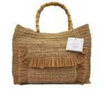 Borsa a mano Chica In Vimini Intrecciato Cognac con Tasca Frange e Cerniera, Art Taurus