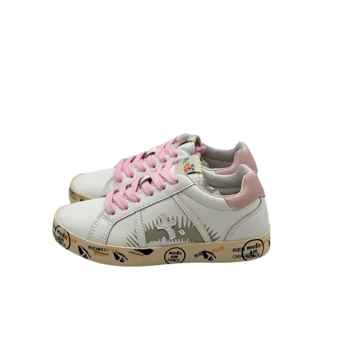 Sneakers Premiata Kids In Pelle Bianca e Lacci Rosa art. Andy, foto 4 di 5