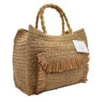 Borsa a mano Chica In Vimini Intrecciato Cognac con Tasca Frange e Cerniera, Art Taurus - immagine 2